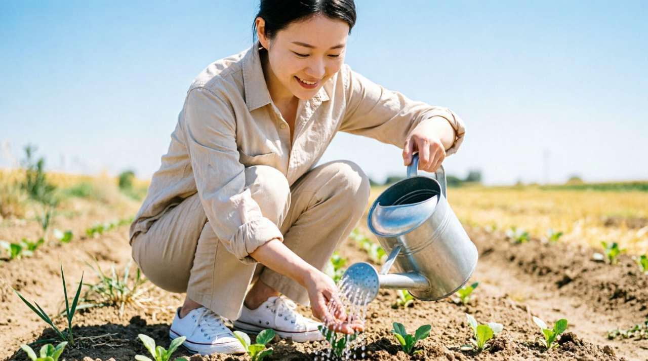 ミニトマトの株元に殺虫剤の粒剤をまいている様子