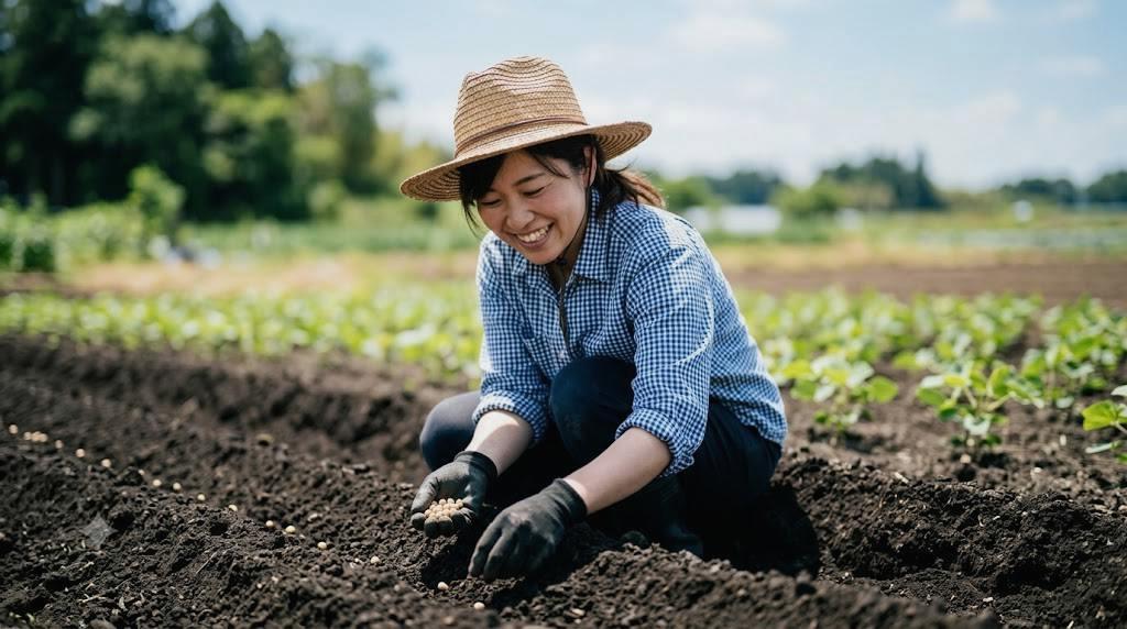 支柱とネットで誘引されたヘチマの株元がすっきりと風通し良く整えられた菜園