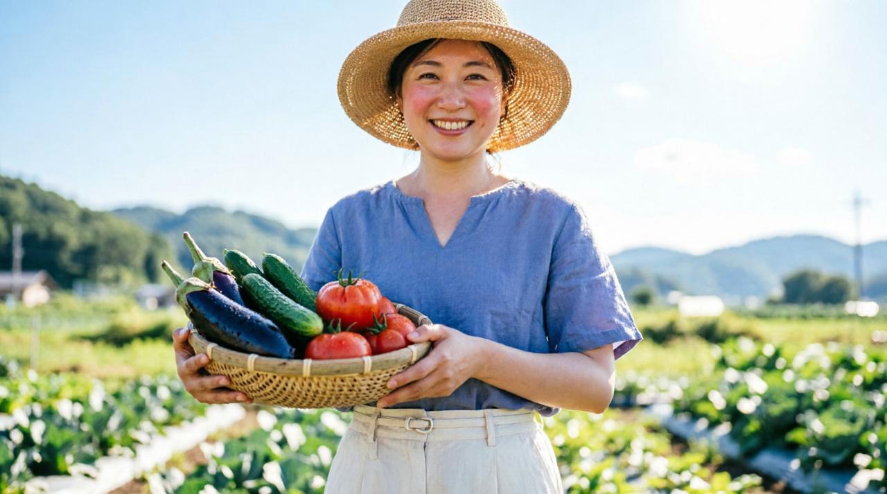 春と秋に収穫した色とりどりのレタスが並ぶ籠と、笑顔の手元