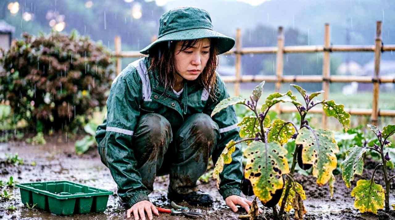 茎や葉に異変が出たアスパラガスを観察しながら茎枯病の症状を確認する様子