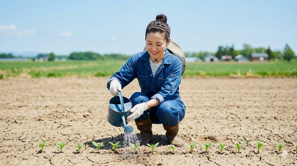 朝の日差しの中でラッカセイの根元へ水を与える様子