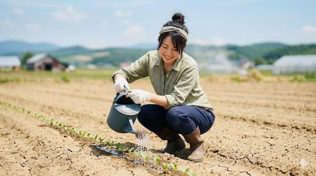 元気なキュウリ苗を選んで丁寧に植え付ける家庭菜園の場面