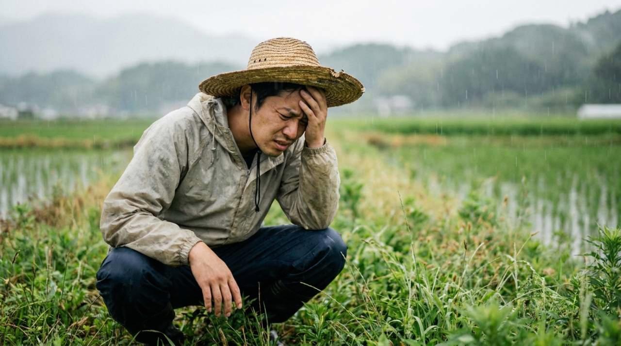 雨の日に泥が跳ねて白菜の葉が汚れている様子を捉えた画像