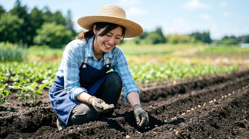 花壇の土を整えて苗を植える北海道のガーデニング作業