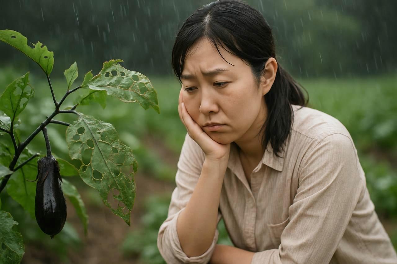 食害されたナスの実と畑の様子を示す画像