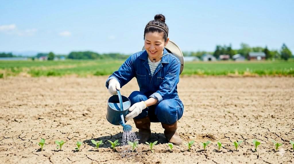 残暑の中で秋野菜に水やりをしている様子