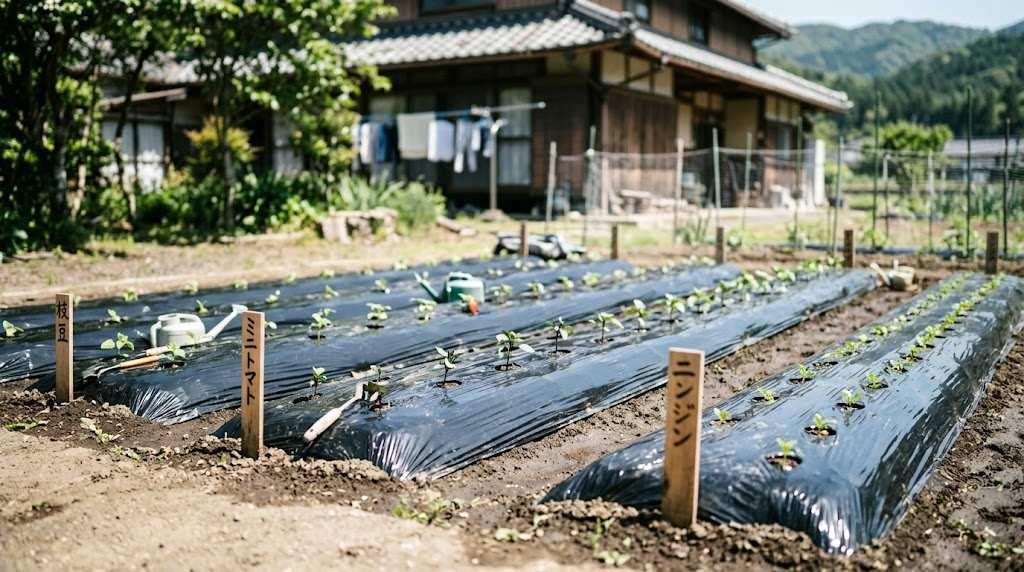 金属製の防護メッシュと硬質プラスチック板を畝の周囲に埋設している施工図