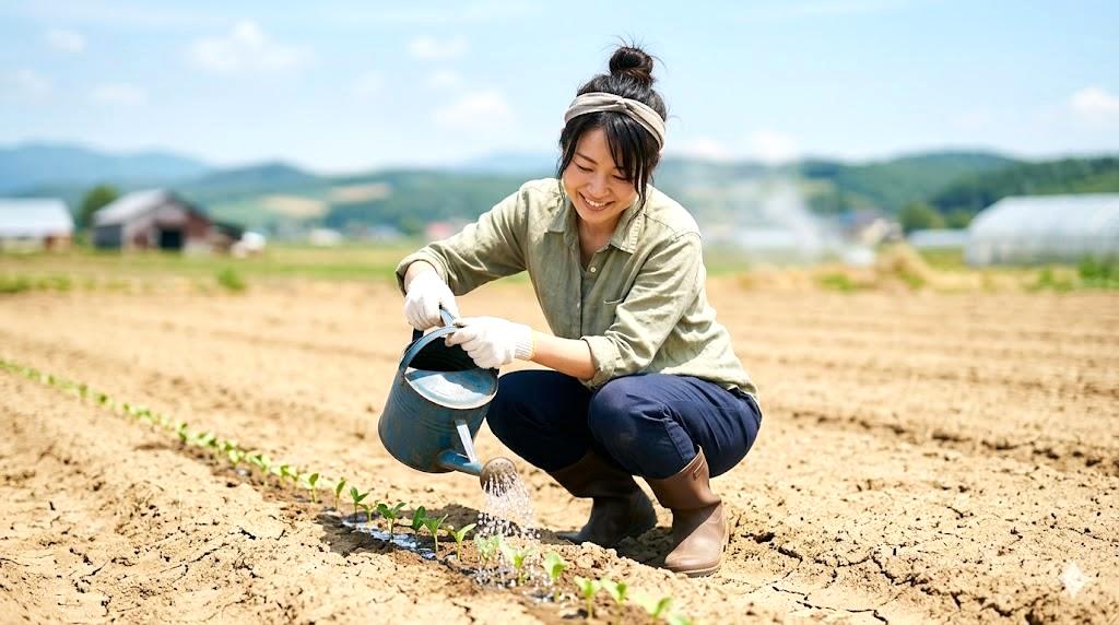 発芽したラディッシュの幼苗と成長中の根菜の様子