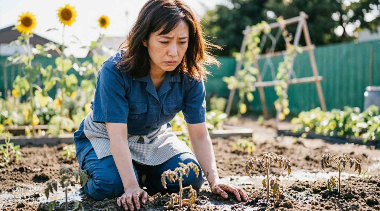 害虫被害でボロボロになったカボチャの葉と回復を待つ株