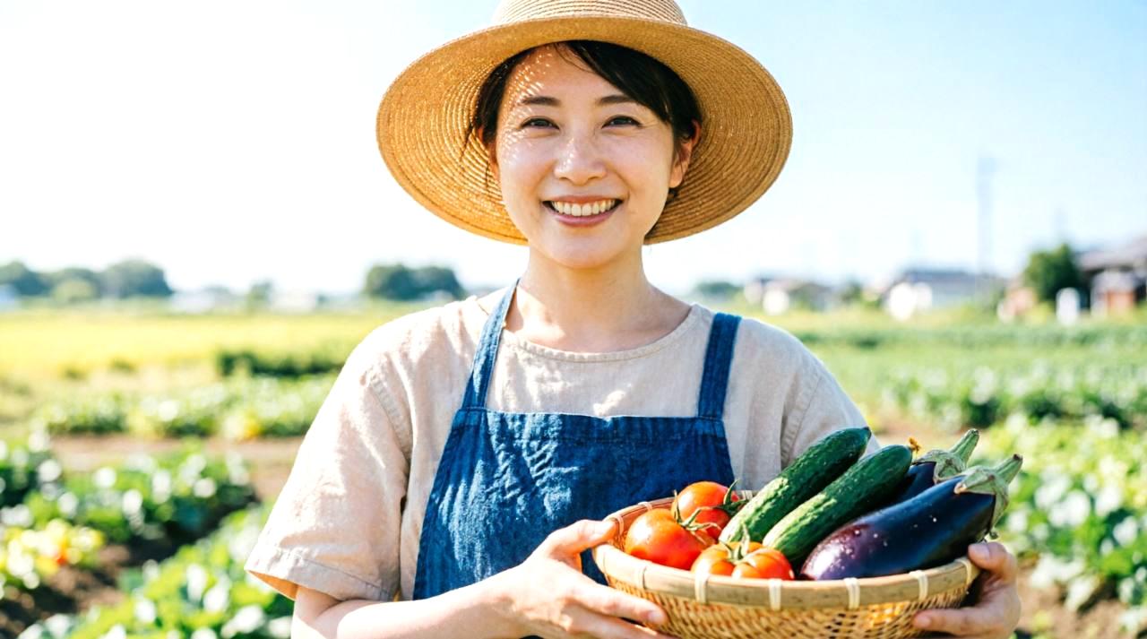 間引きした健康なサニーレタスの苗を手にした菜園家の手